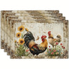 A set of four vintage chicken and daisy woven polyester placemats featuring a rooster and flowers.