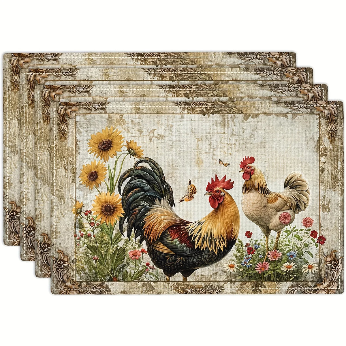 A set of four vintage chicken and daisy woven polyester placemats featuring a rooster and flowers.