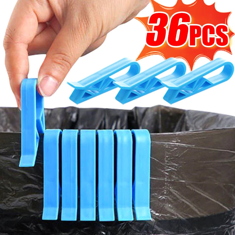 A hand is holding blue plastic clips, which are used as garbage bag holder clips for trash cans and snack bags.