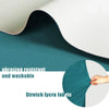 Close-up of a teal fabric showing abrasion resistant and washable stretch lycra material.
