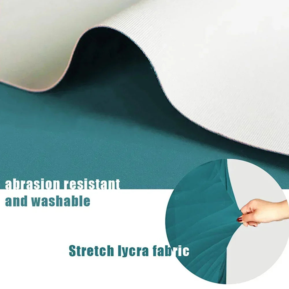 Close-up of a teal fabric showing abrasion resistant and washable stretch lycra material.