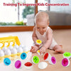 A collection of colorful Easter egg shape sorting puzzle toys for toddlers displayed on a wooden surface.