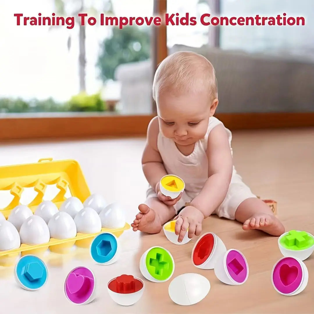 A collection of colorful Easter egg shape sorting puzzle toys for toddlers displayed on a wooden surface.