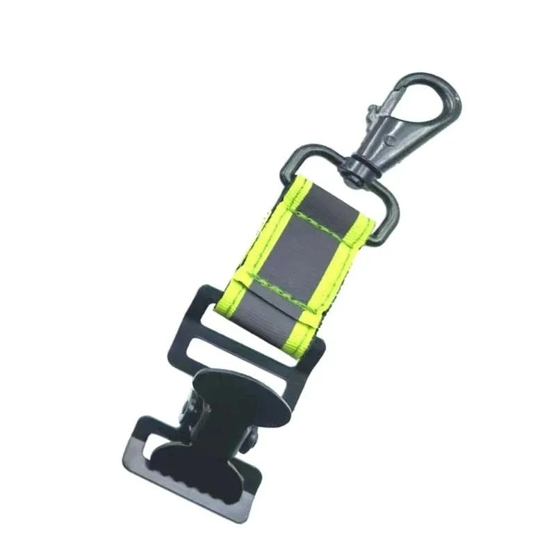 A portable zinc alloy work clamp featuring a strap and clip mechanism for holding gloves.