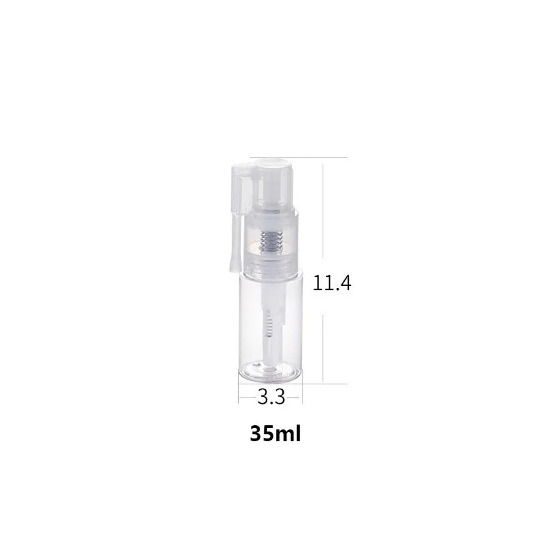 A clear refillable fine mist spray bottle with a pump dispenser, measuring 11.4 units high and 3.3 units wide, capacity 35ml.
