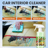A bottle of car interior cleaner is shown next to a piece of leather upholstery stained with tomato sauce and cola residue.