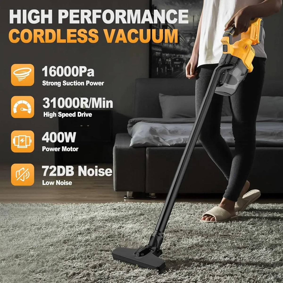 A person is using a yellow cordless vacuum cleaner on a carpet.