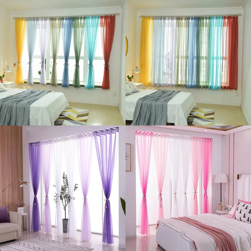 A collection of sheer voile curtains in various pastel colors like yellow, blue, green, and pink filtering light.