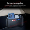 A black storage bag organizer is placed in a car seat side pocket, holding a smartphone and a small device.
