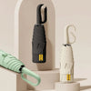 A black compact folding umbrella with a white handle is displayed against a light background.