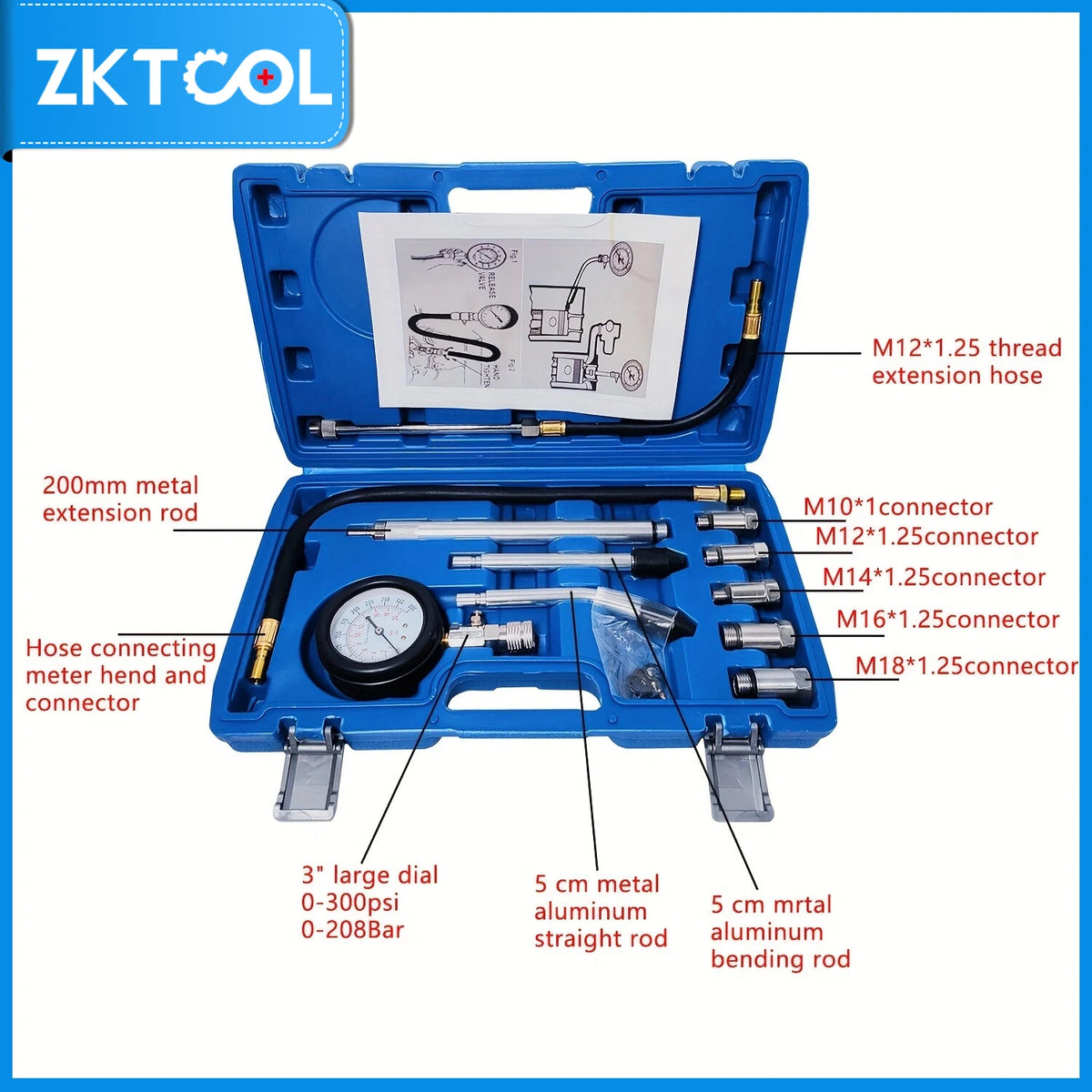 Blue engine cylinder compression tester kit with various adapters and rods for testing.