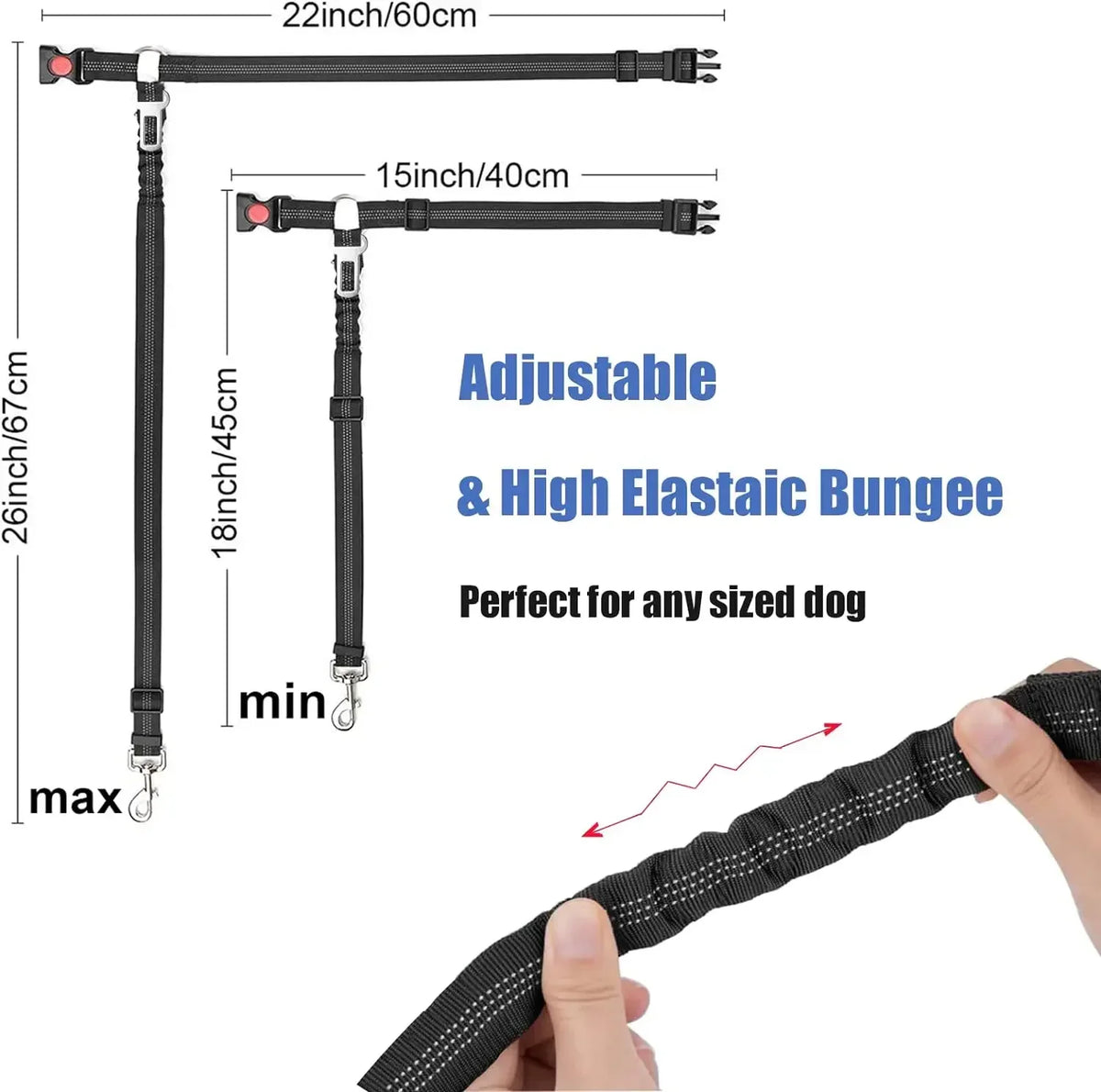 Adjustable reflective dog car safety harness with a bungee for dog restraint