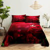 A close-up of a red rose pattern bedding set featuring deep red roses and soft pink bokeh lights.