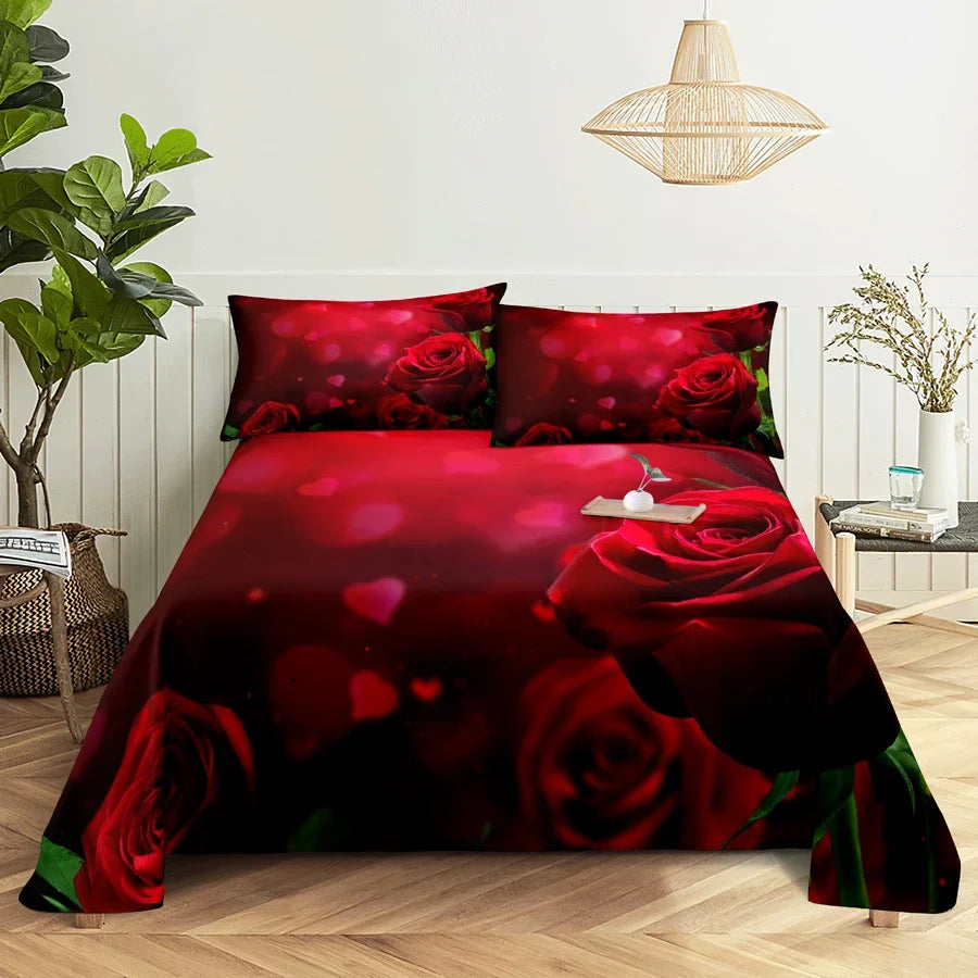 A close-up of a red rose pattern bedding set featuring deep red roses and soft pink bokeh lights.