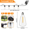 A string of solar LED lights with E12 bulbs and a remote control, showing various components and dimensions.