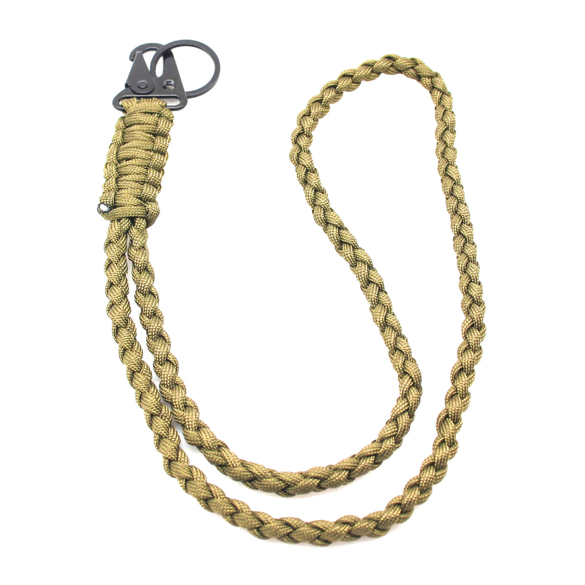 A thick, braided tan paracord lanyard with a zinc alloy clip attached.