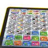 A yellow tablet displaying a colorful interface with buttons for learning Spanish and English words.