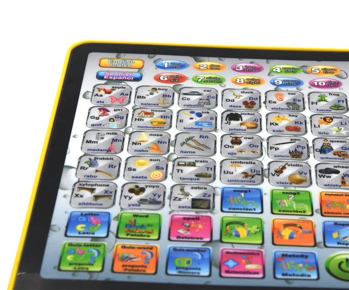 A yellow tablet displaying a colorful interface with buttons for learning Spanish and English words.