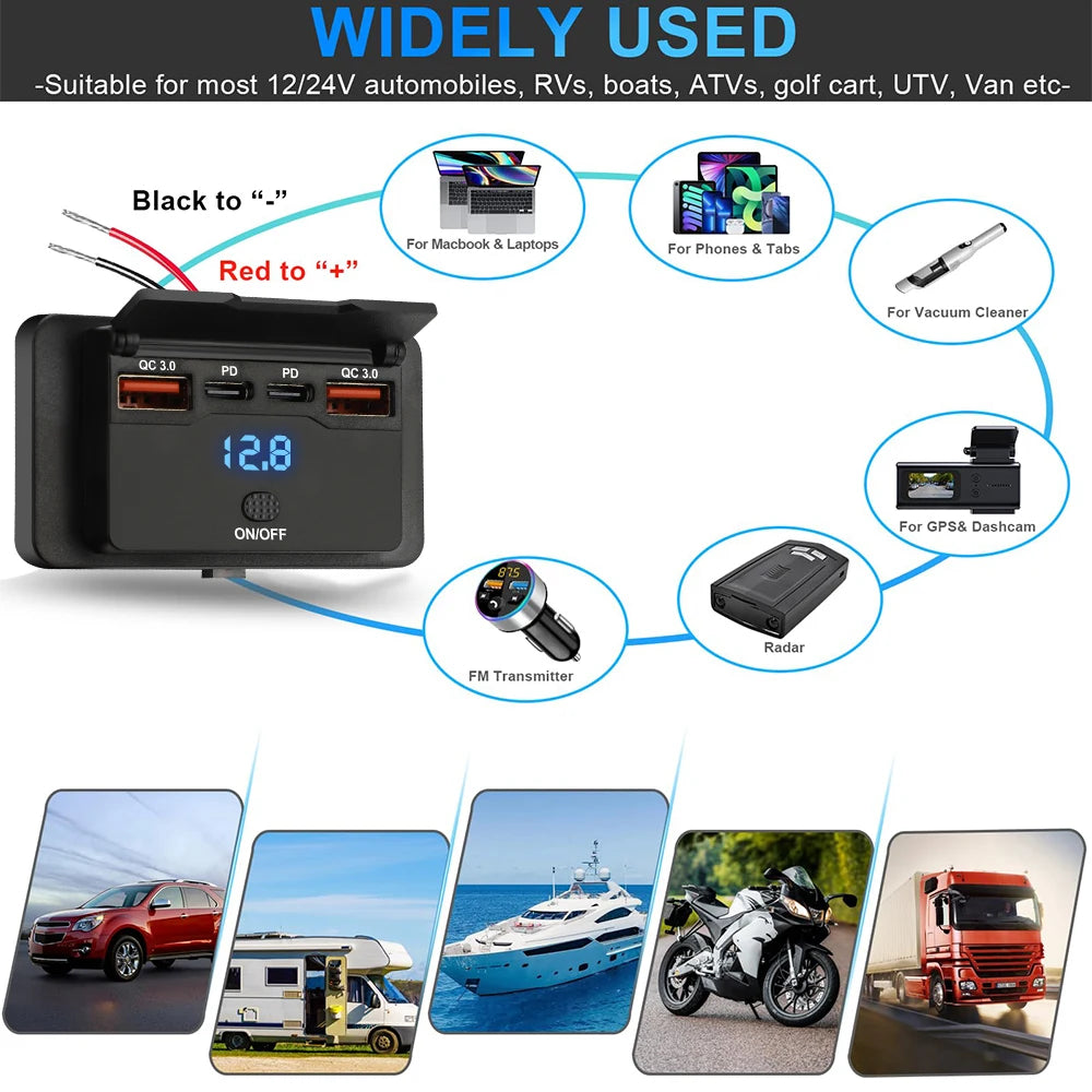 96W 4-Port USB Car Charger with Dual PD & Dual QC 3.0