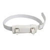 White leather belt with silver buckle and a black strap, suitable for cosplay or fashion.