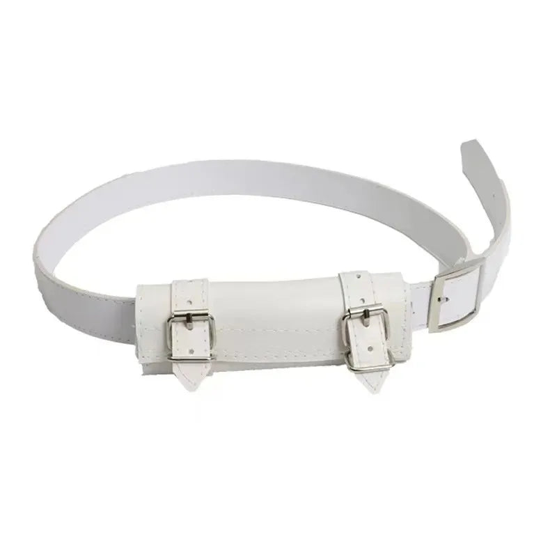 White leather belt with silver buckle and a black strap, suitable for cosplay or fashion.