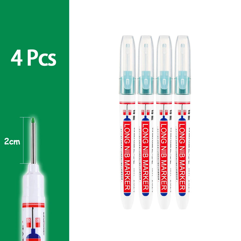 Ein Set von vier Präzisions-Wasserfeste Markierstift mit blauen und roten Spitzen neben einer 2-cm-Skala.