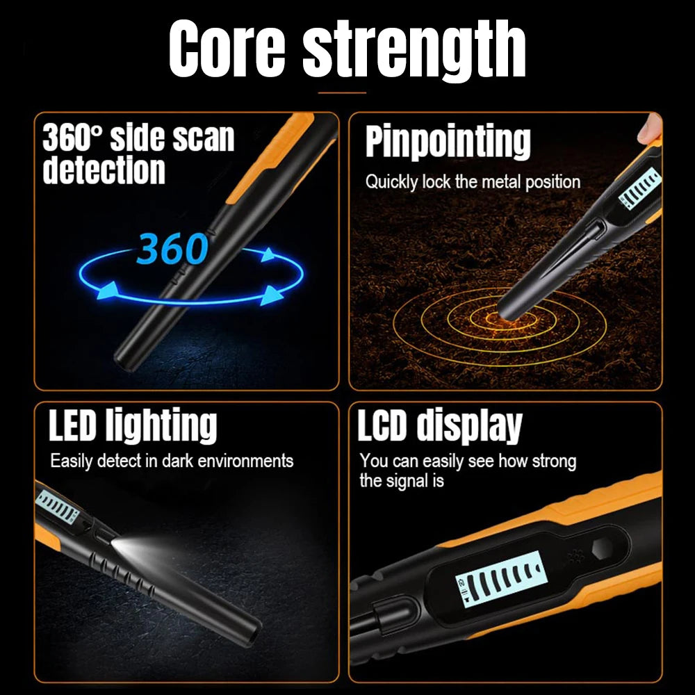 Features of an IP68 waterproof pinpointer metal detector including 360 degree side scan detection, pinpointing, LED lighting,