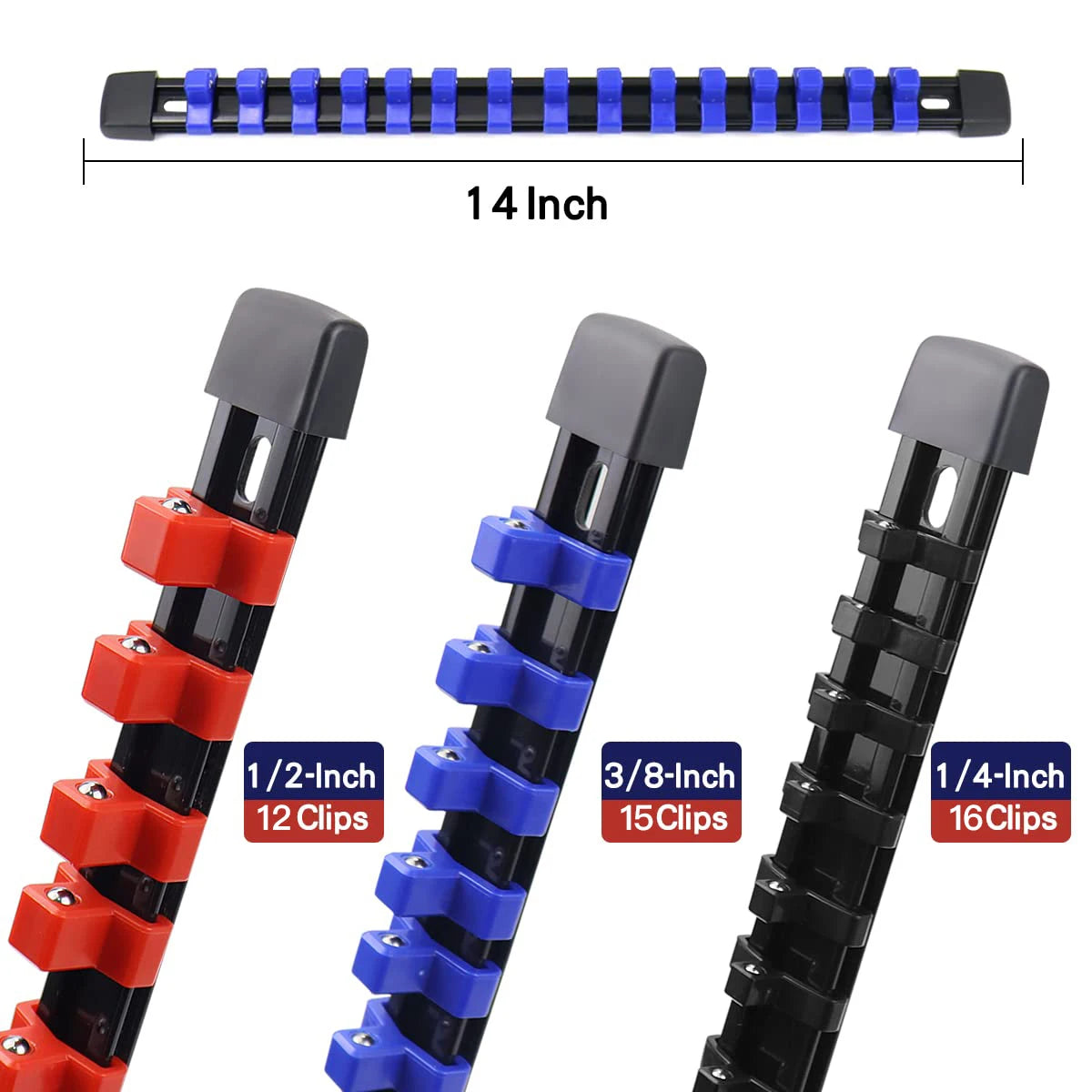 Black and blue universal socket organizer rail with various sized grips for wall mounting