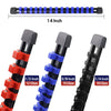 Black and blue universal socket organizer rail with various sized grips for wall mounting