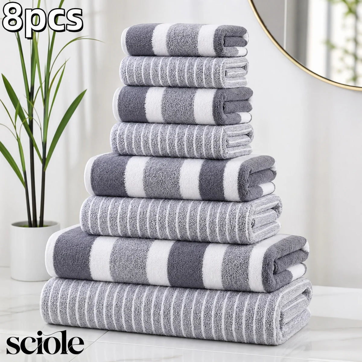 8-Piece Ultra-Soft Microfiber Towel Set with Two-Tone Stripe Design