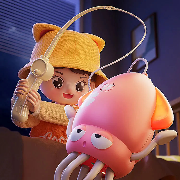 An interactive dancing octopus toy with lights and music featuring a cute, pink, and orange-toned design.