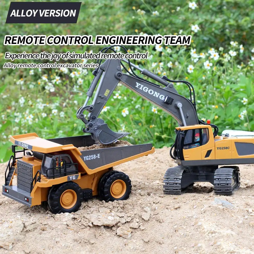 A yellow YIGONG remote controlled excavator toy set with a dump truck and bulldozer, shown outdoors.