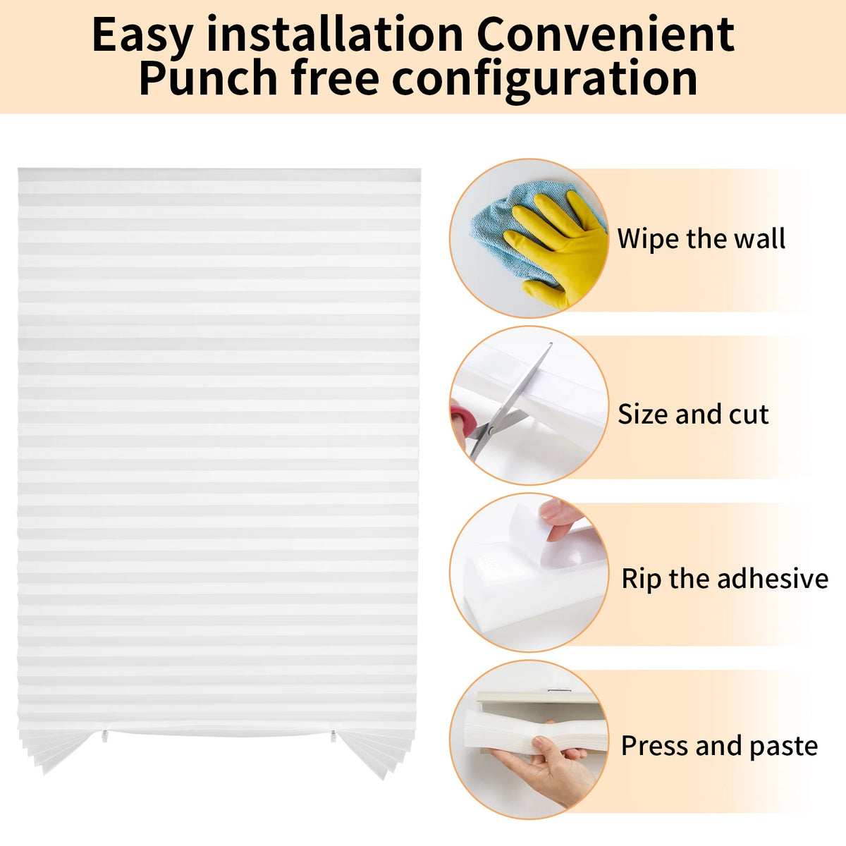 Instructions for easy installation of a pleated paper window blind using a punch-free configuration.