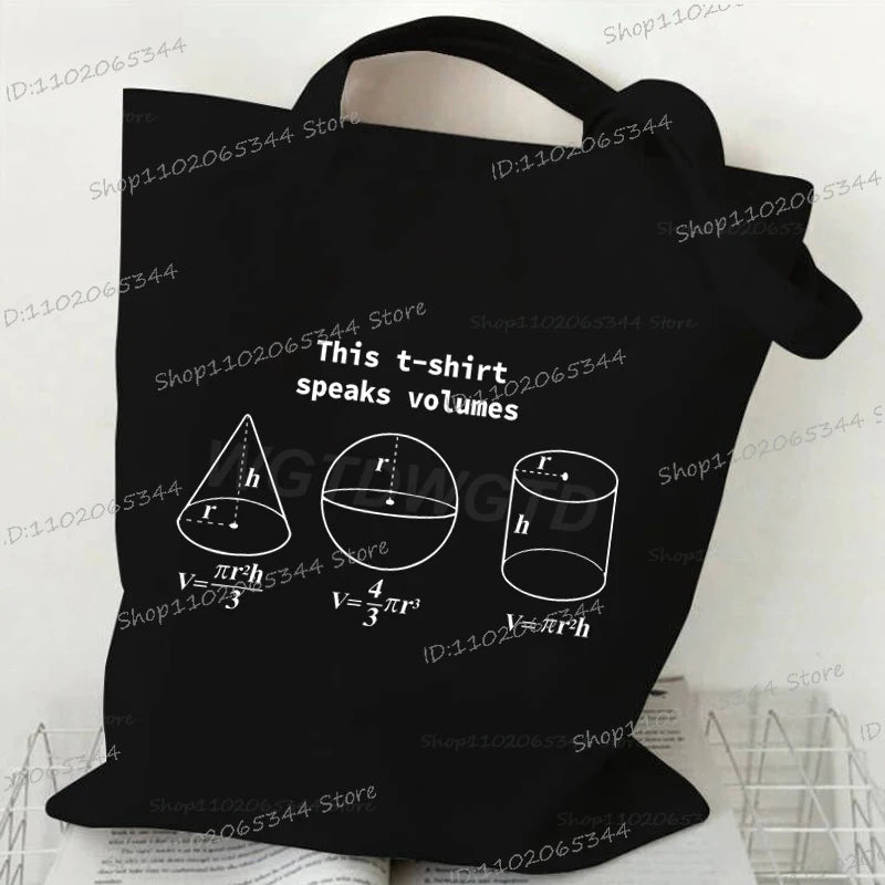 Black canvas tote bag featuring mathematical formulas like V=πr³h and V=3/4πr³h.
