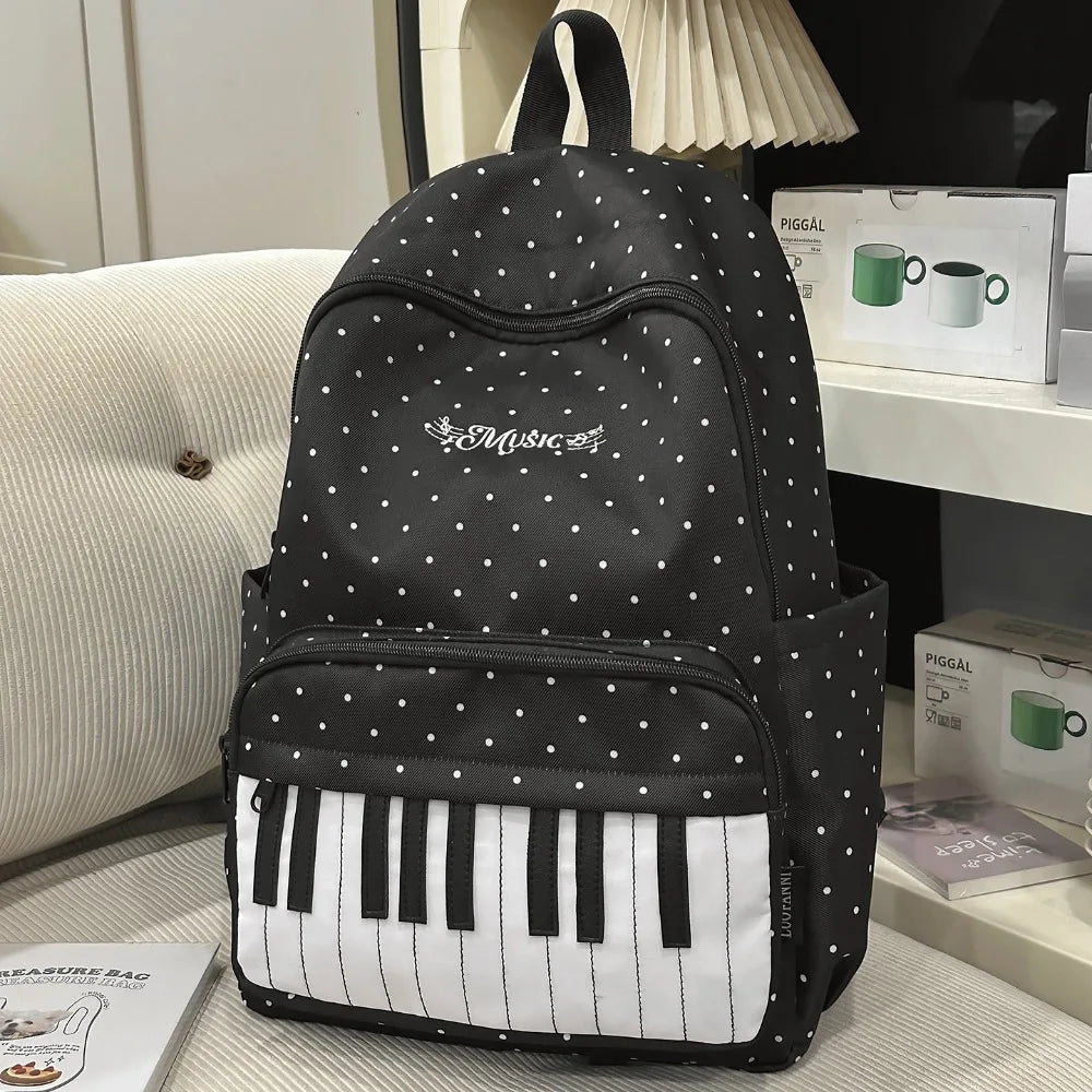 Polka Dot Backpack with Piano Key Design – Large Capacity Travel Daypack