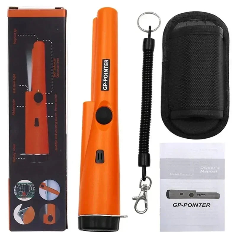 An orange GP-Pointer handheld metal detector with LED lights and a protective case and manual.