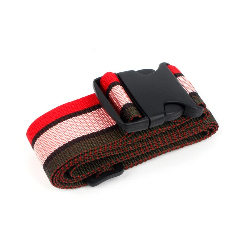 Black and red adjustable polyester luggage straps used for suitcase security