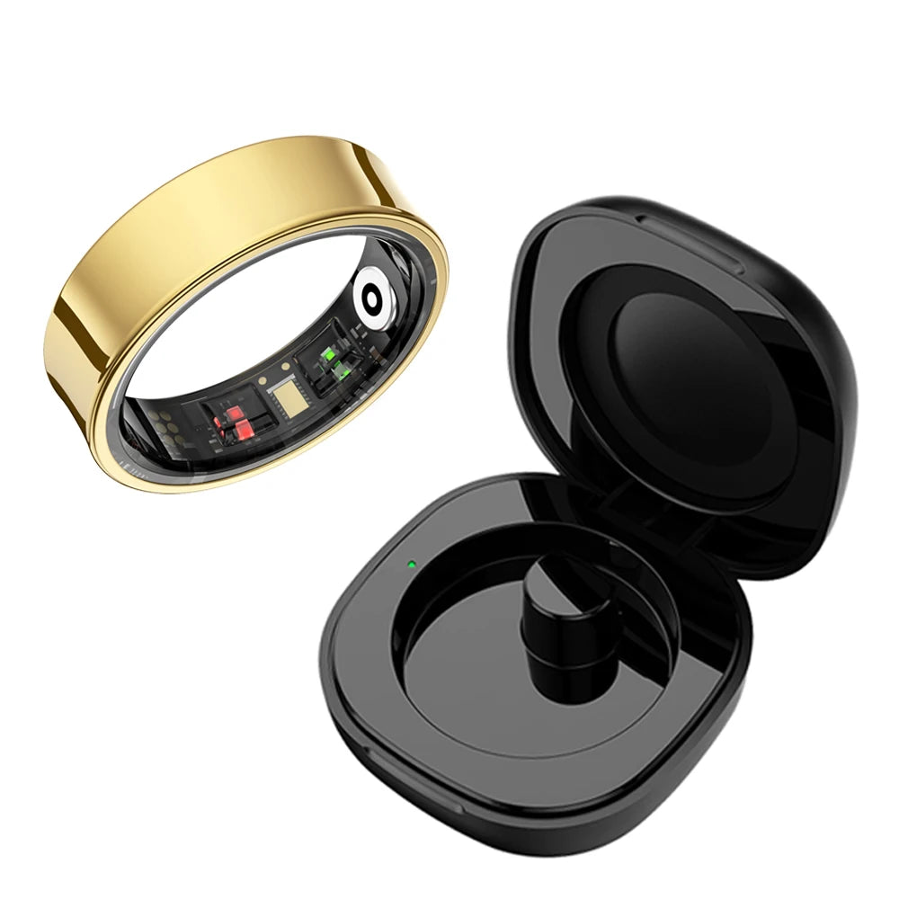 A gold-colored smart ring is shown next to its opened packaging box.