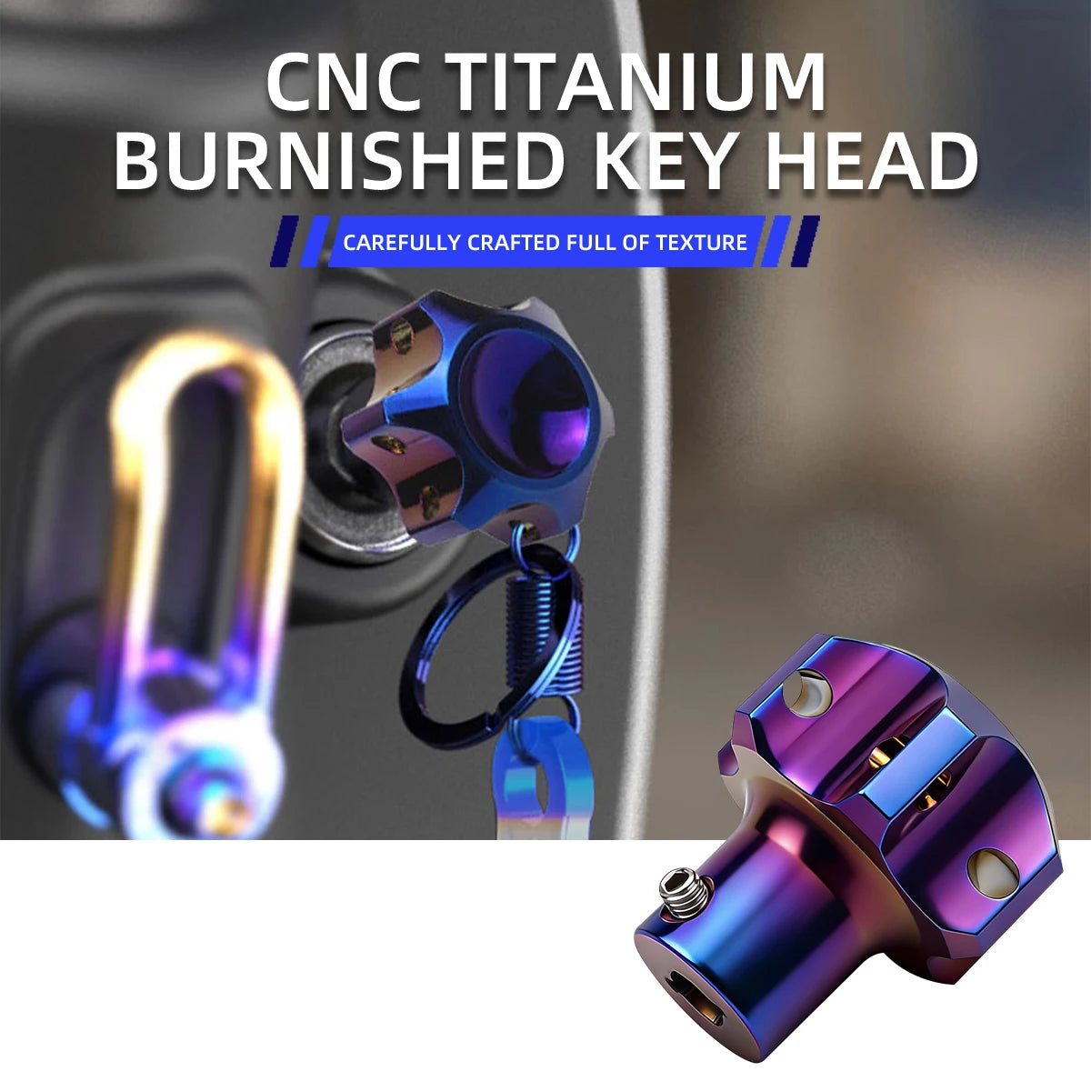A close-up view of a polished titanium key head cover with a textured finish, shown against a blurred background.