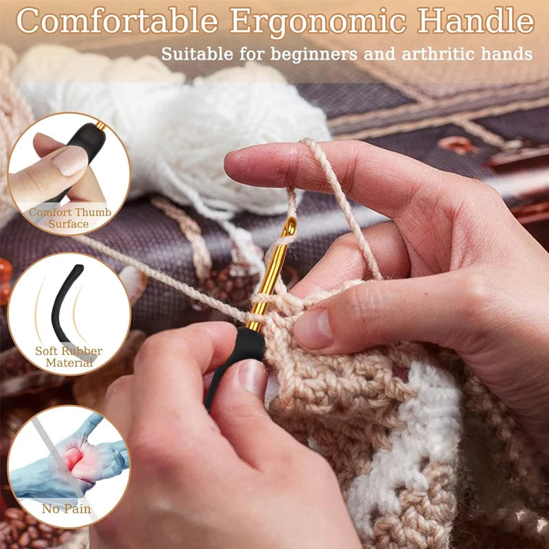 Hands are shown using a crochet hook with a comfortable ergonomic handle made of soft rubber material.