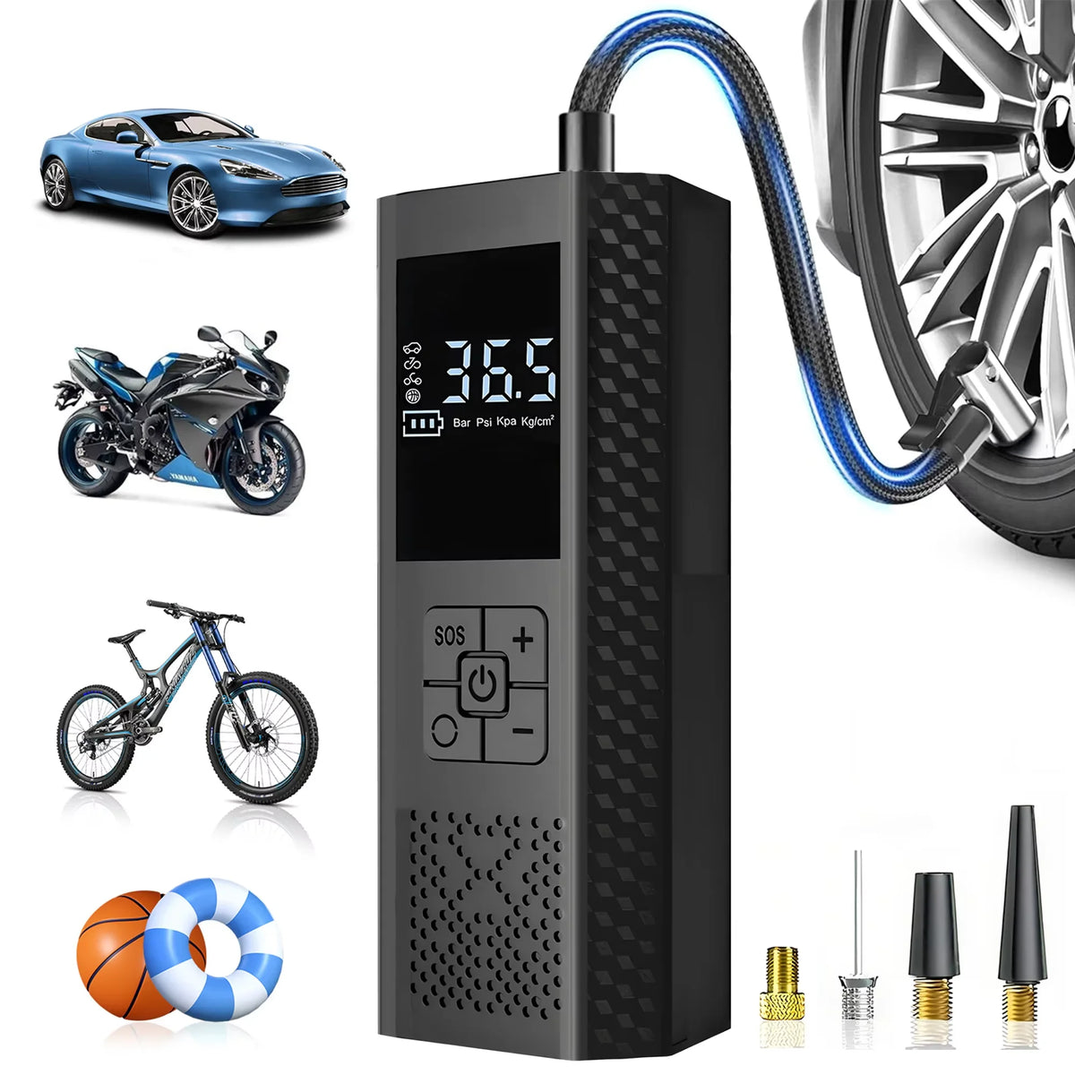 Portables elektrische Reifenpumpe mit schwarzem Gehäuse und blauem Schlauch, neben einem Auto- und Motorradrad.