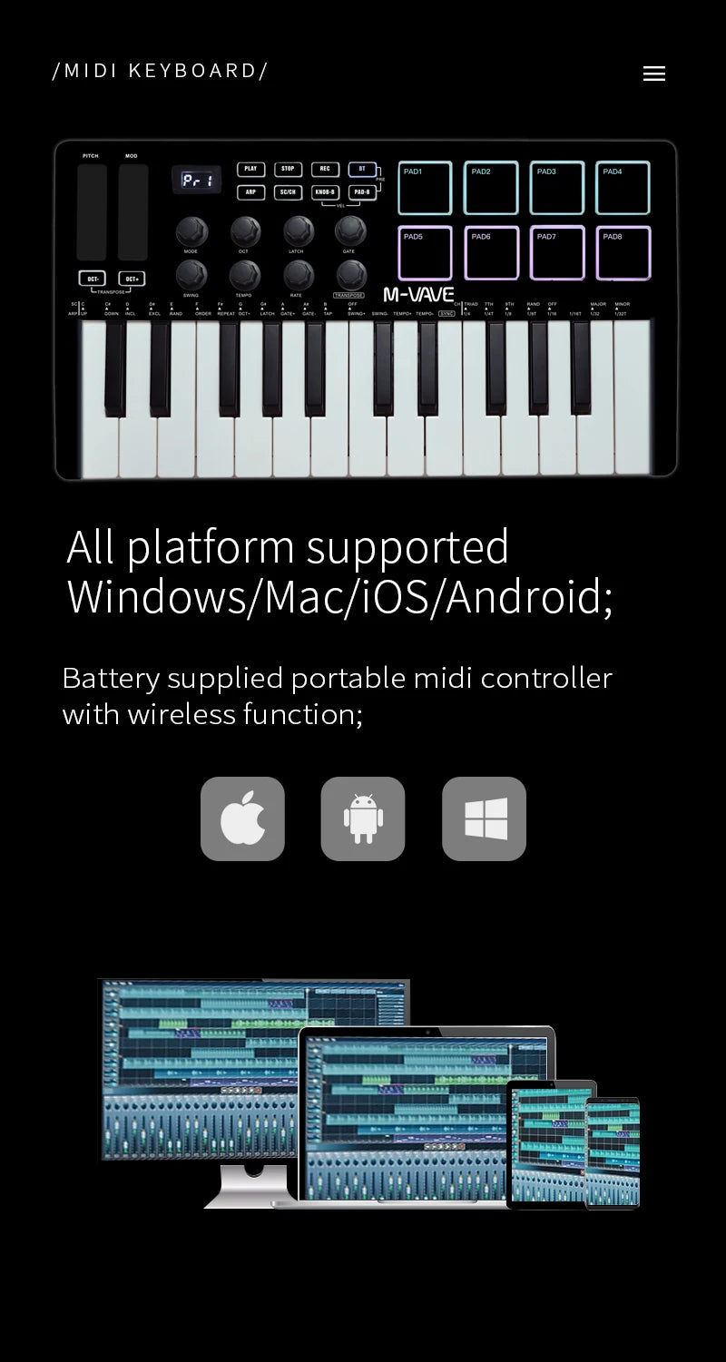 Portable 25-Key MIDI Controller with Pads and Wireless Connectivity
