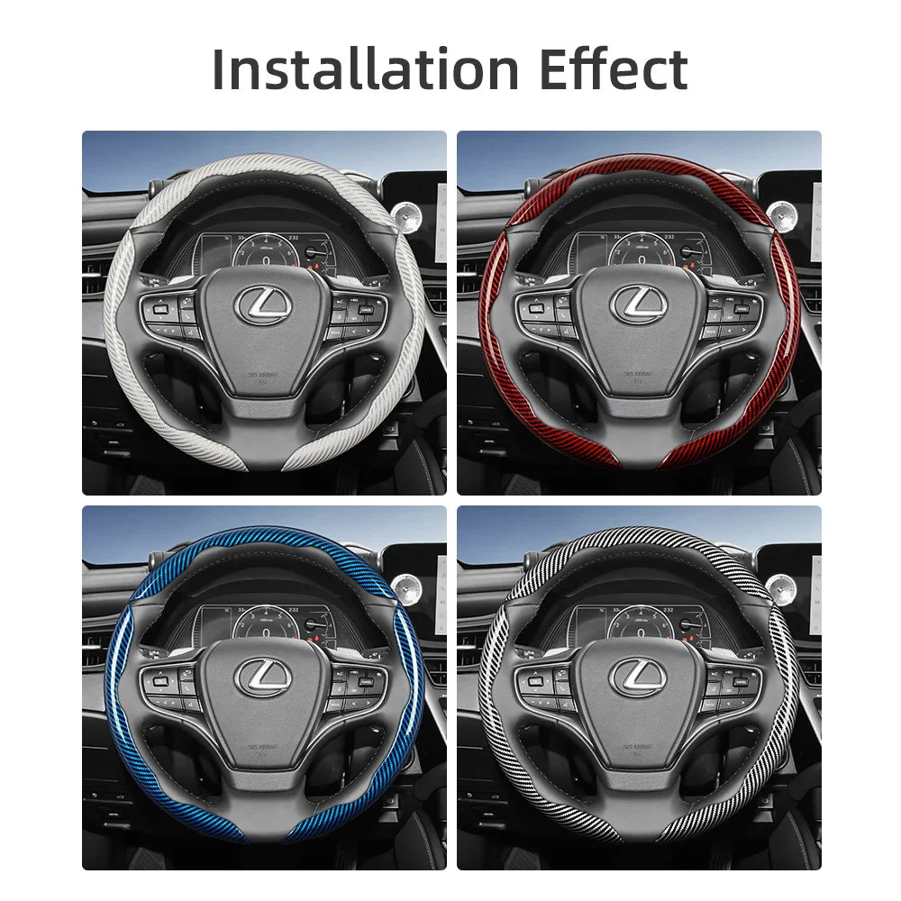 Installation effect showing different colored carbon fiber texture steering wheel covers on a Lexus interior.