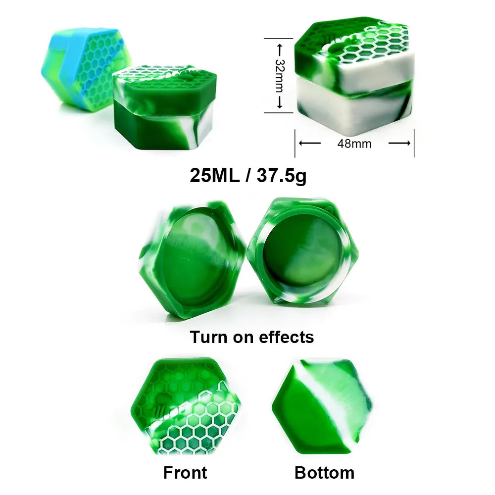 A flexible silicone travel jar in green with a honeycomb texture, shown from the side and showing front and bottom views.