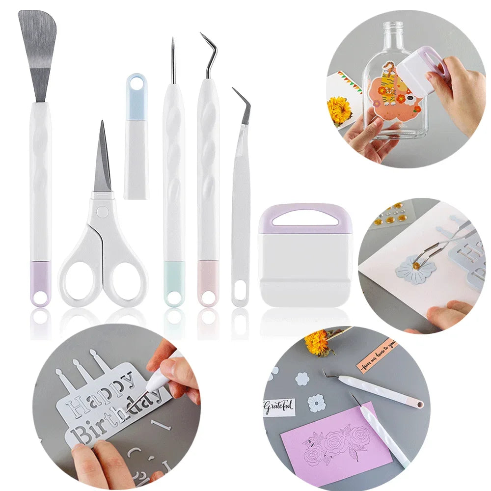 A set of six vinyl weeding and craft tools including tweezers, scissors, and other precision DIY implements.