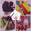 A collection of plastic latch hook needles used for crochet, dreadlocks, and rug making alongside a wig, scarf, and doll.