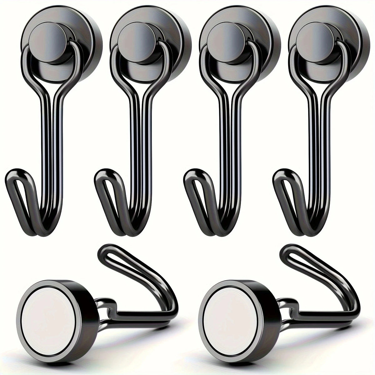 A set of heavy duty magnetic hooks in black metal for hanging items on refrigerators and metal surfaces.