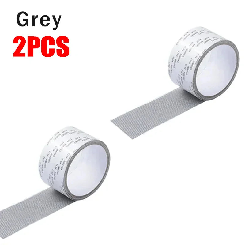 Two rolls of grey self-adhesive fiberglass screen repair tape shown on a white background.