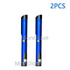 Two blue metal injection pens with black caps and silver accents are shown.