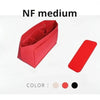 Red felt medium sized tote bag organizer insert with multiple pockets shown from above